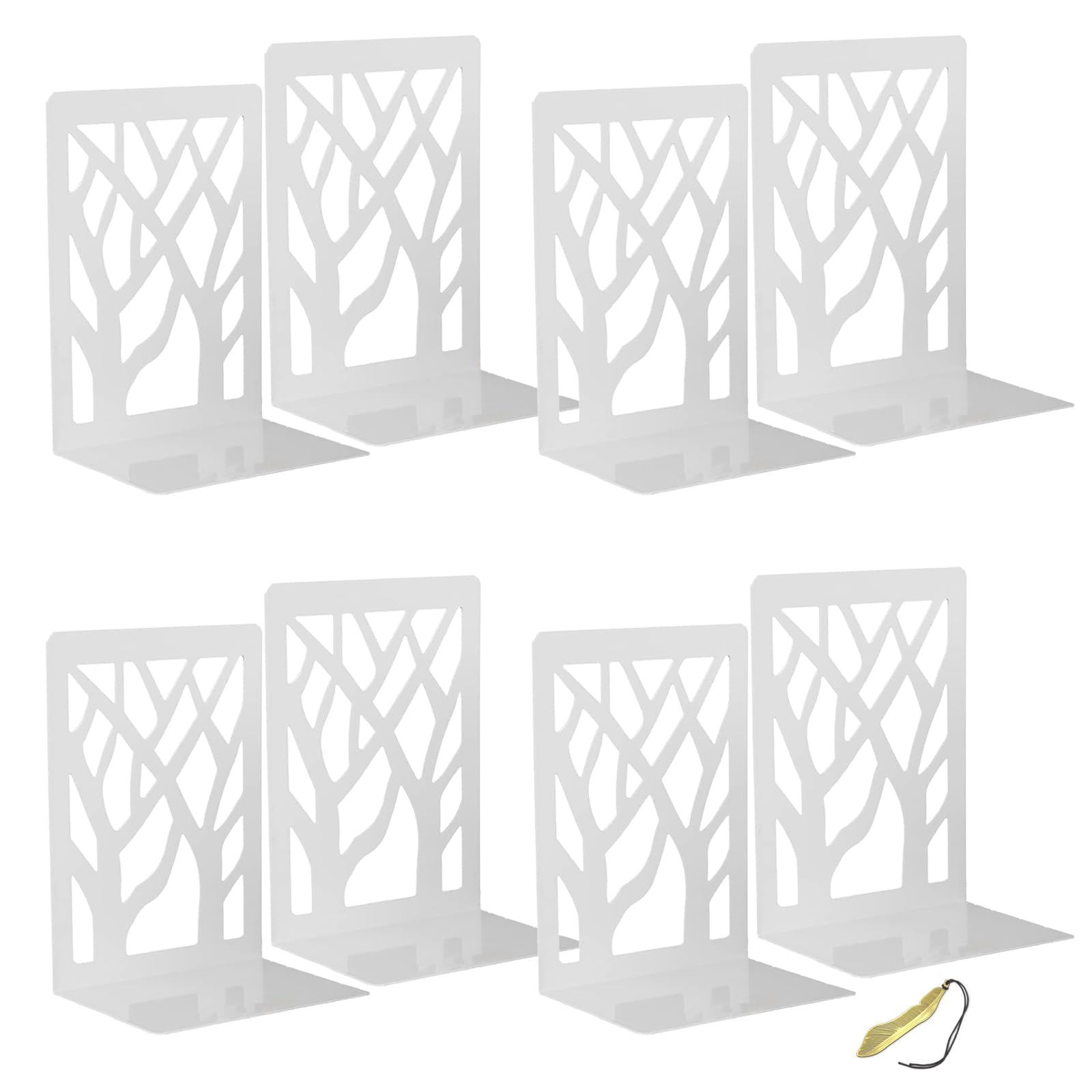 Mgood Book Ends, Metal Bookends, 4 Pair White Book Ends for Shelves, Heavy Duty Bookend Book Holders for Shelves, Non Skid No Rusting Book End, Unique Designs Book Stopper for Home, Office, Library