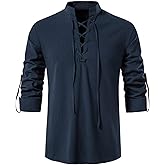 AOTORR Men's Long Sleeve Shirts Retro Style Lace up Medieval Hippie Viking Cosplay Pirate Top Renaissance Costume