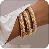 LOAYHOAY 3Pcs Chunky Gold Bangles for Women Stretch Bangles Bracelets 18K Gold Plated Stainless Steel Flexible Snake Chain Wide Wristband Stack Layered Bangle Bracelets 8/10mm