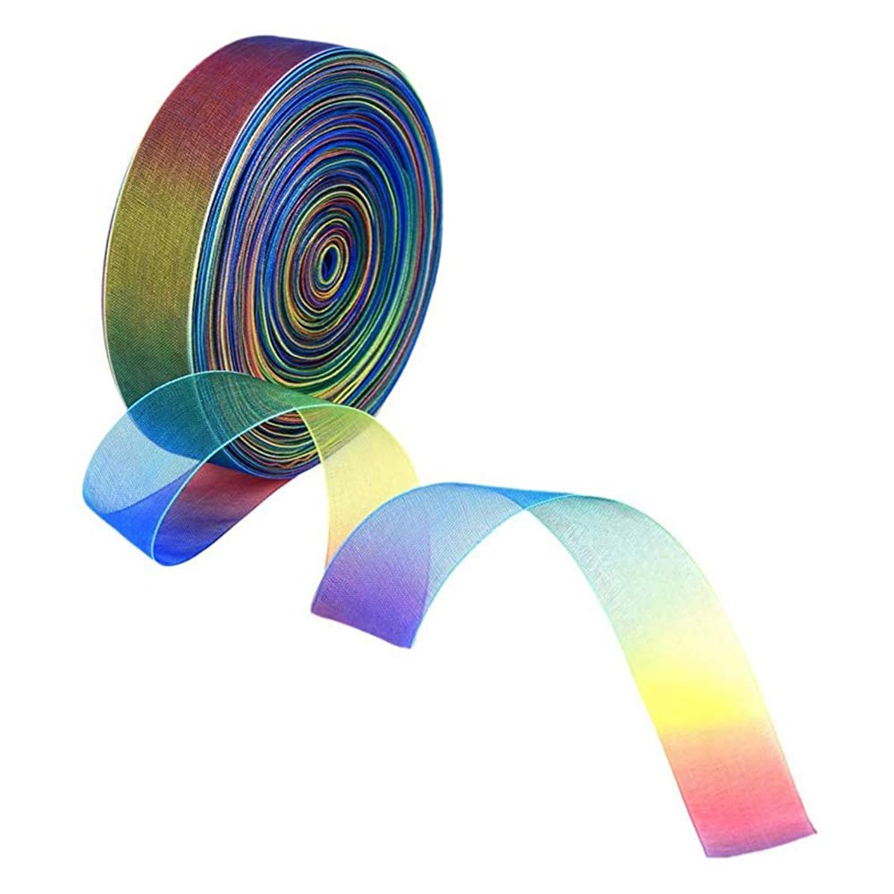 YANGWEN 10MM 50 Yard Rainbow Shimmer Ribbon, Sheer Satin Organza Rainbow Ribbons for Gift wrap Decoration DIY Crafts Christmas Wedding Party Birthday Festival Decor Supplies
