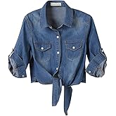 Century Star Women's 3/4 Sleeve Denim Shirt Chambray Crop Top Jean Tie Cardigan Front Knot