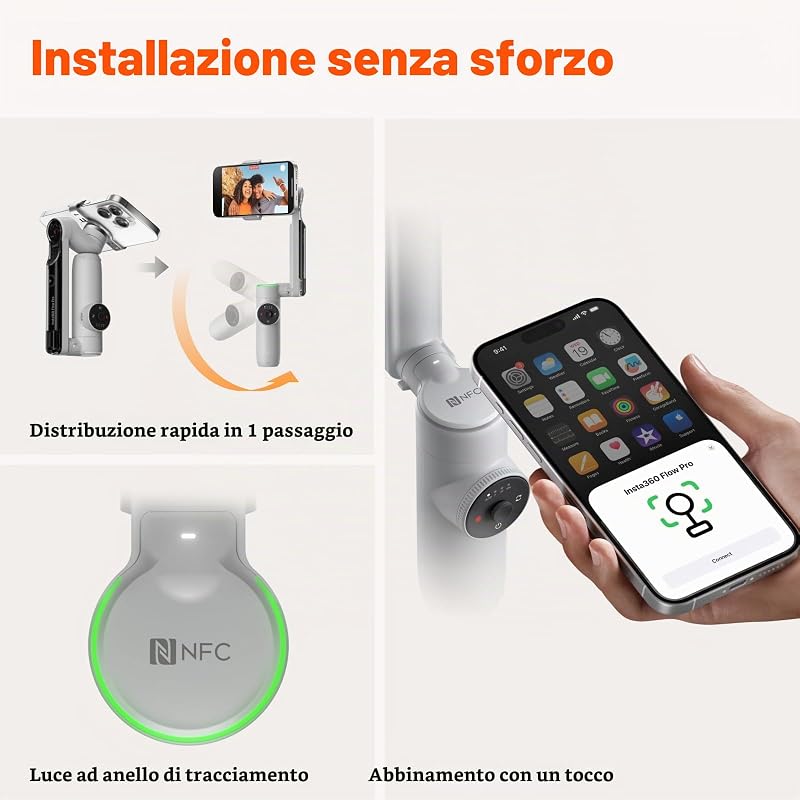 Flow Pro - Stabilizzatore per smartphone con IA, supporto Apple DockKit, Tracciamento Panoramico Infinito 360º, Stabilizzazione a 3 assi, Treppiede + Selfie Stick integrati, Tracciamento IA
