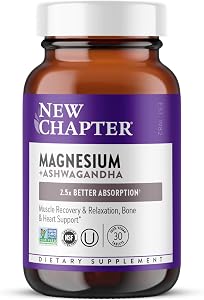 New Chapter Magnesium and Ashwagandha Supplement, 30 Tablets | Highly Absorbable Formula Supports Muscle and Bone Health, Non