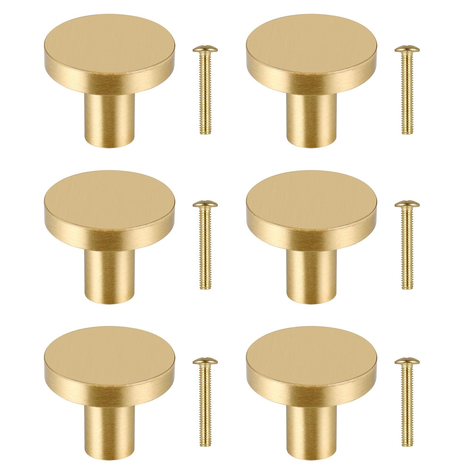 JIZZU 6 Pcs Solid Brass Gold Drawer Knobs [20 * 25mm], Durable Cabinet Knobs, Single Hole Door Handles for Cupboard, Wardrobe, Dresser Drawer, Furniture Decoration with Screws
