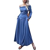 Mieazom 2 Piece Skirt Set for Women Ruched Long Sleeve Off Shoulder Tops Knit Maxi Skirts 2024 Fall Matching Sets with Pocket