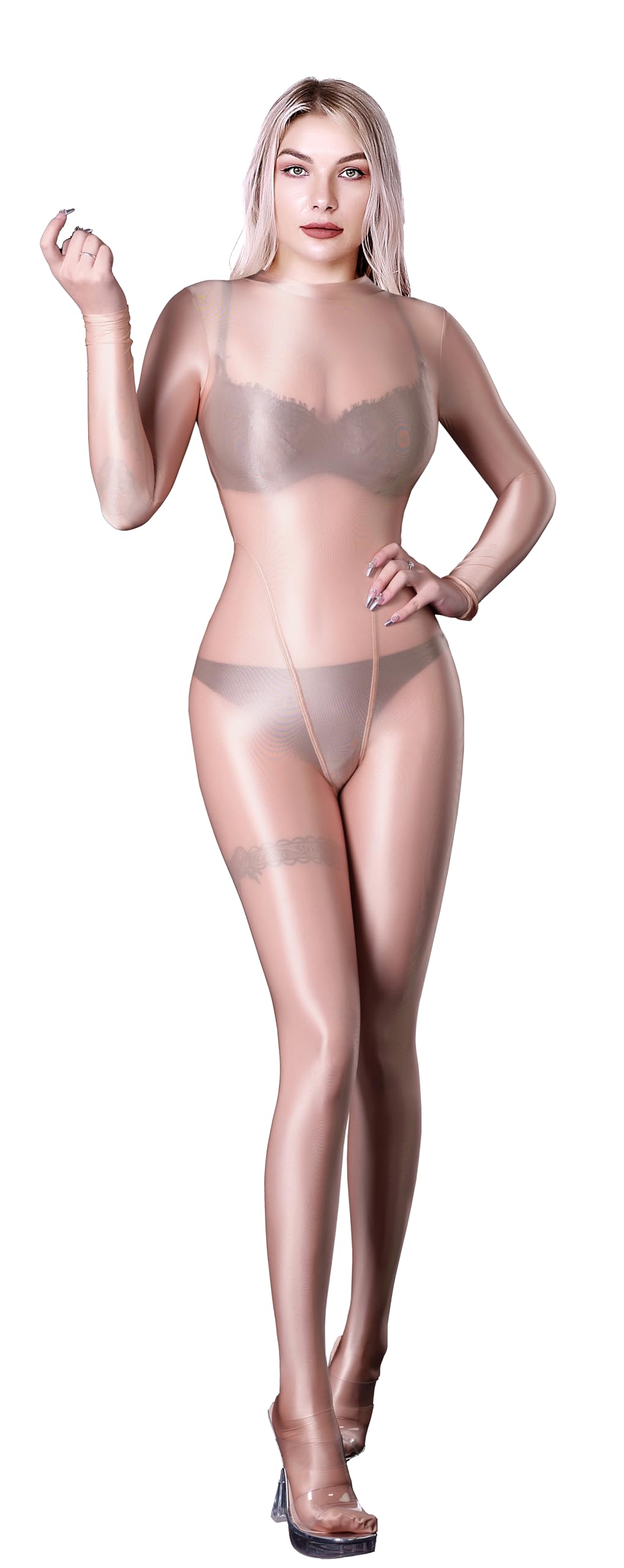 Photo 1 of SOFSOT Ultra Sheer Full Bodysuit for Women Long Sleeves Shiny Jumpsuits One-Piece Glossy Catsuit Nylons Full Body Leotard