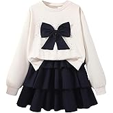 BEAUDRM Girl's 2 Pieces Outfits Bow Print Long Sleeve Crewneck Sweatshirt and Tiered Layer Skirt Set