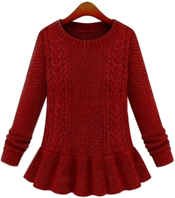 Engood Ruffle Hem Sweater Top for Women Casual Crew Neck Long Sleeves