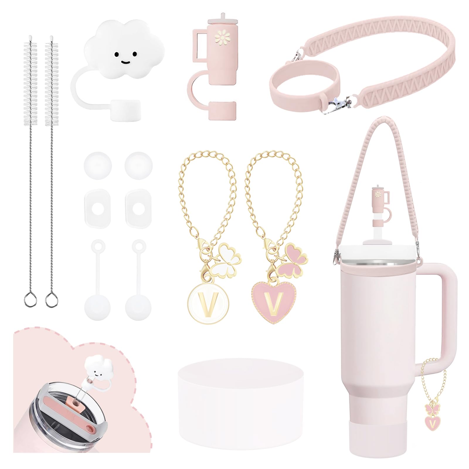 Photo 1 of 10Pcs Stanley Cup Accessories 9-10mm Stanley Straw Cover Topper Silicone Boot For Stanley Cup Initial Letter Charm Leak Proof Seal Kit Stanley 2.0 30&40oz (Rose Quartz,V)