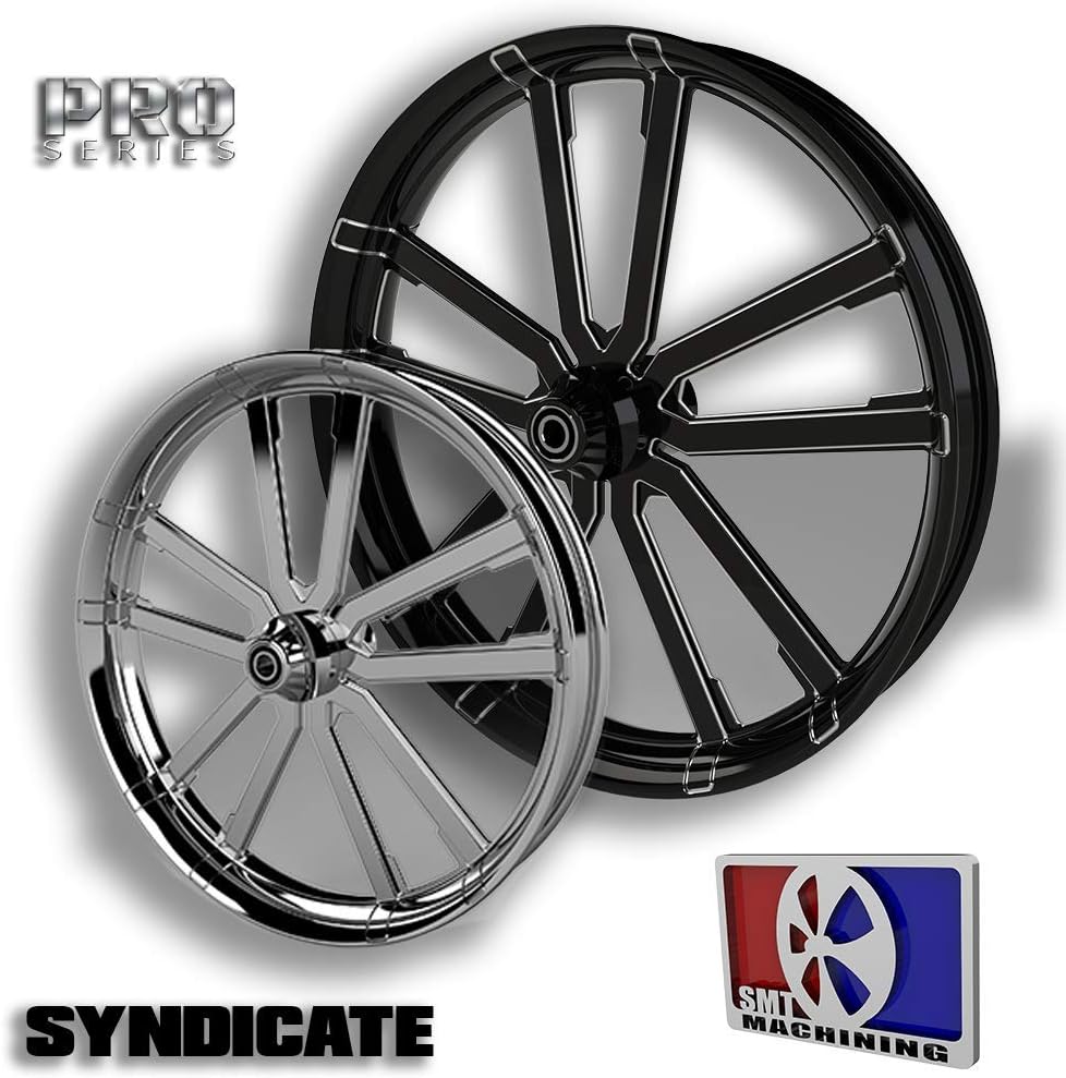 SMT Machining 32 Black Contrast Cut Syndicate Wheel 2008-2018 Harley Bagger Models 18” Single Floating Rotor & ABS Compensation Bearing