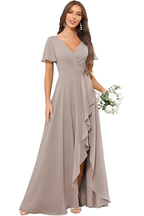 Vestido De Dama De Honor Largo De Gasa - Manga Con Volantes, Abertura Lateral, Tallas UK6-UK20