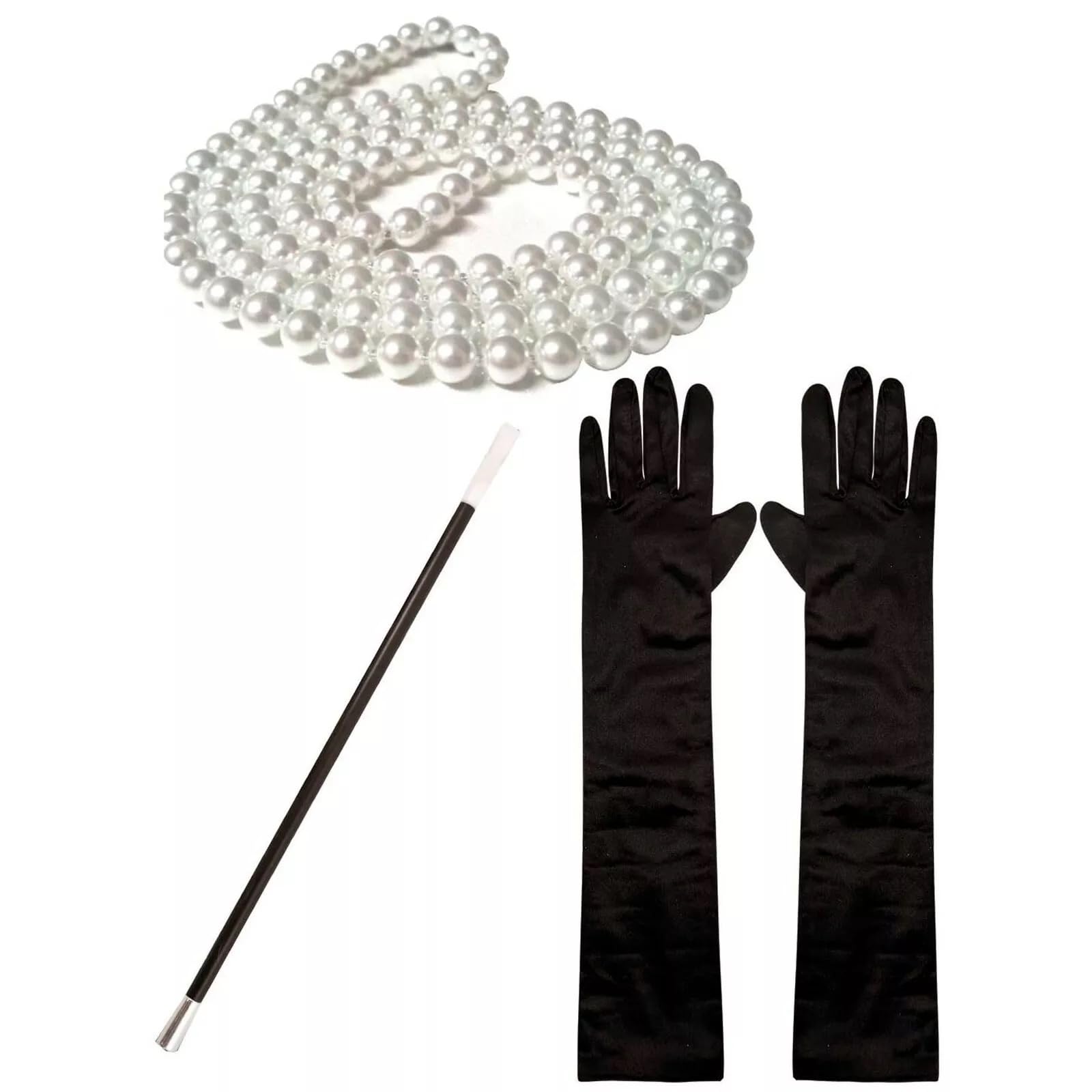 RockParty 1920s Fancy Dress Charleston Set: Pearl Beads, Cigarette Holder, Black Gloves