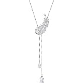 Swarovski Nice Feather Y Necklace for Women, Rhodium Plated Feather Motif with White Crystals and Drop Crystal Accents on a Rhodium Plated Chain