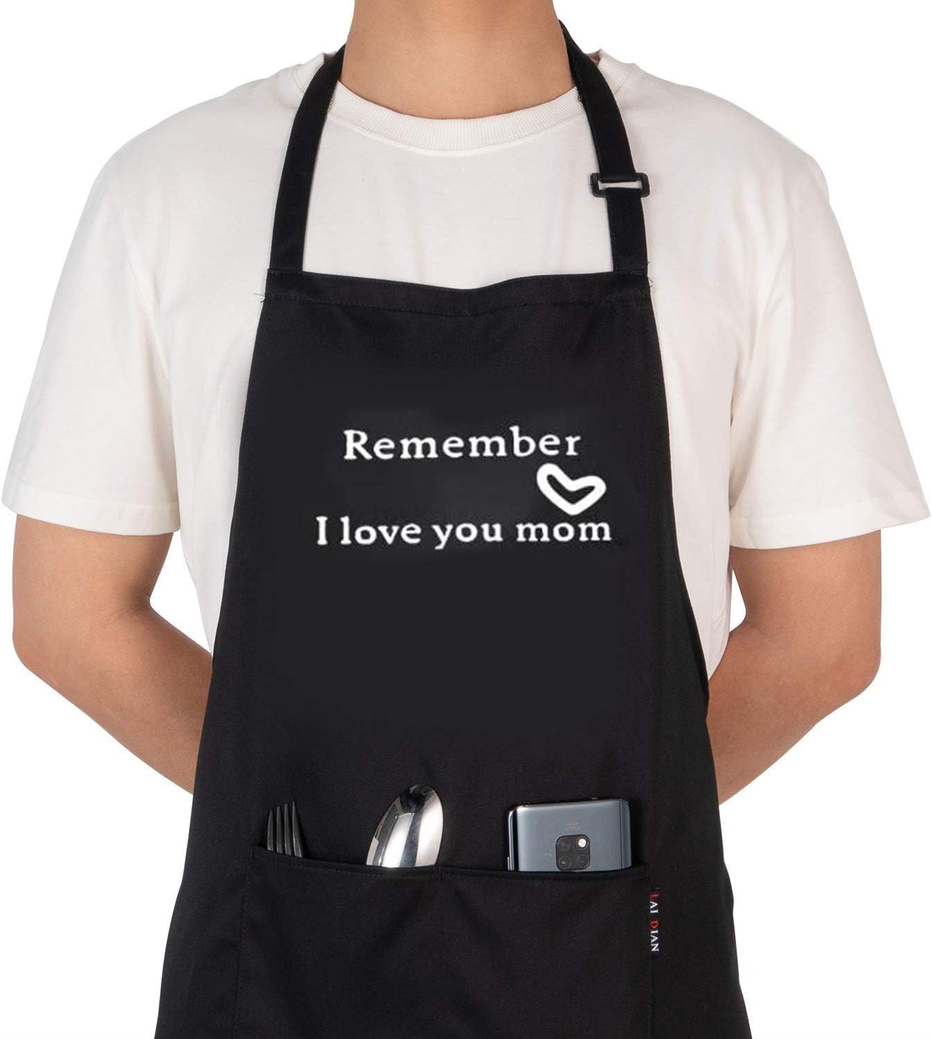 Homsolver Cute Black Chef BBQ Aprons -Great for Birthday, Christmas, New Year Eve,Thanksgiving Gifts for Your MOM (30.5" x 26.5", Remember I Love You mom)