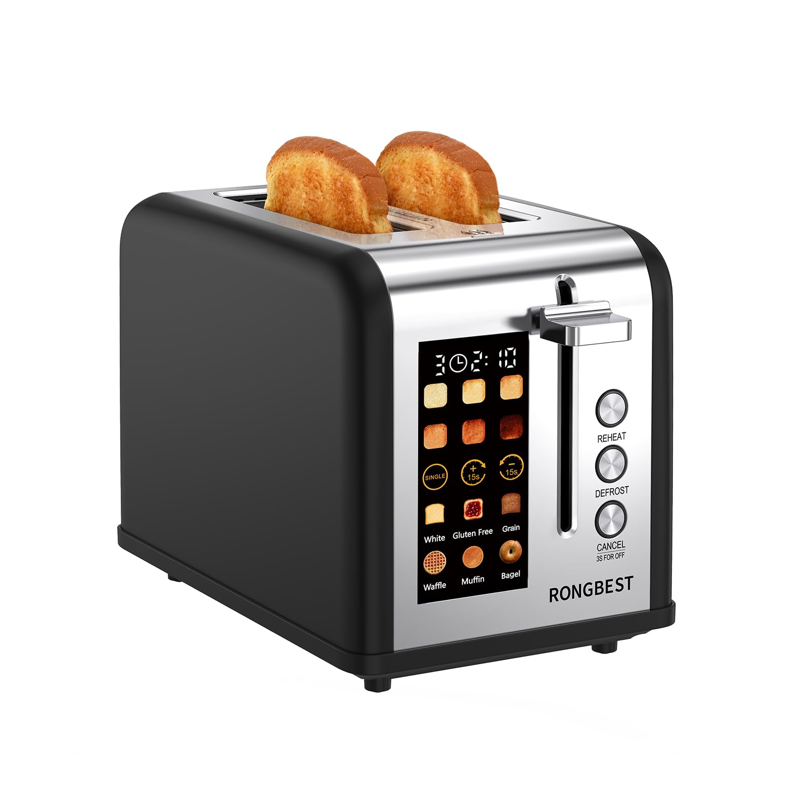 Photo 1 of 2 Slice Touch Screen Toaster, Stainless Steel Toaster with Wide Slots for Bagels and Bread, Reheat/Defrost/Cancel Functions, Removable Crumb Tray, Matt Black
