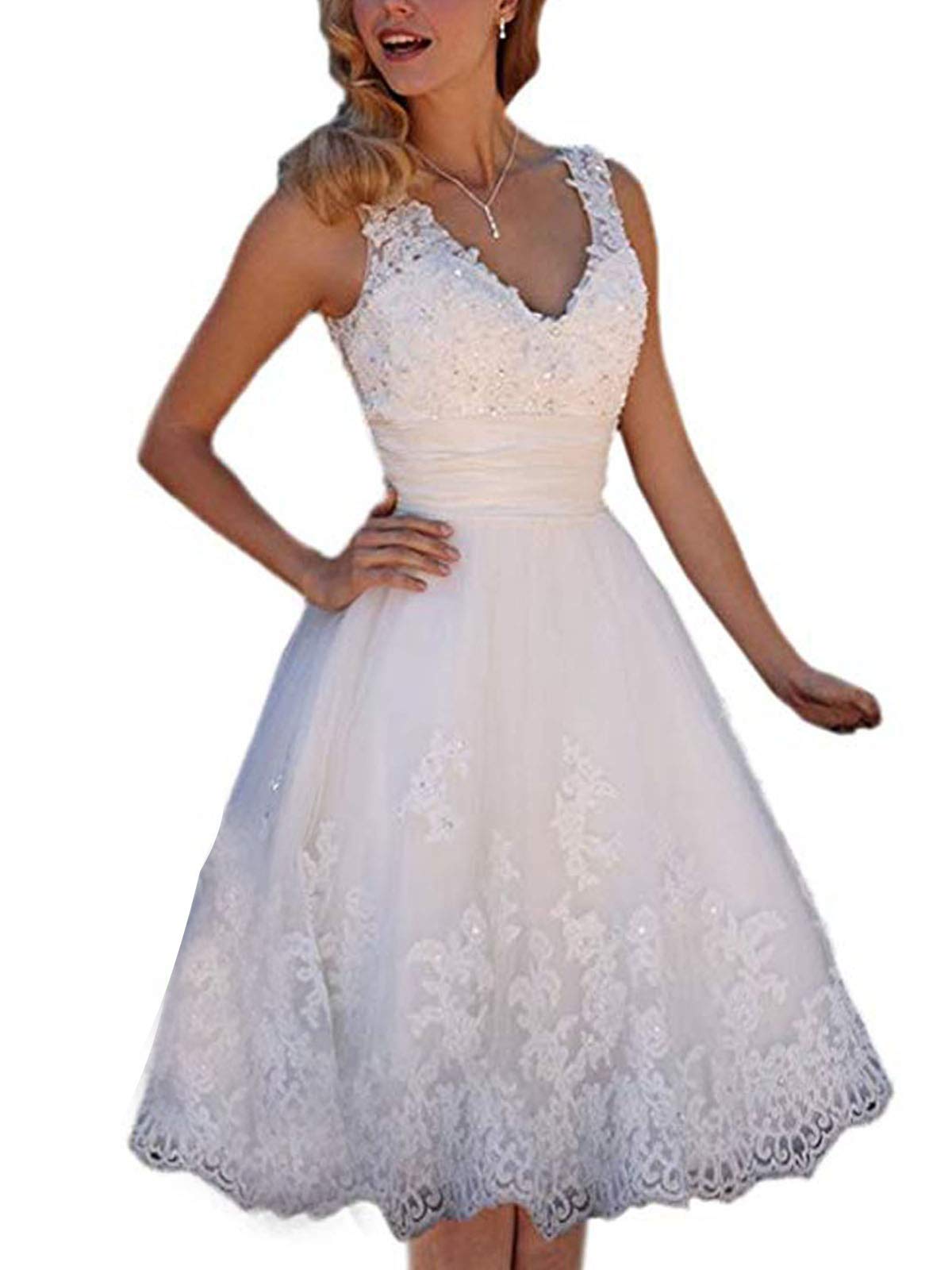 Photo 1 of Short Lace Wedding Dresses Knee Length Travel Tulle Rhinestones V-Neck Lace Up Bride Gowns Vintage Dress White