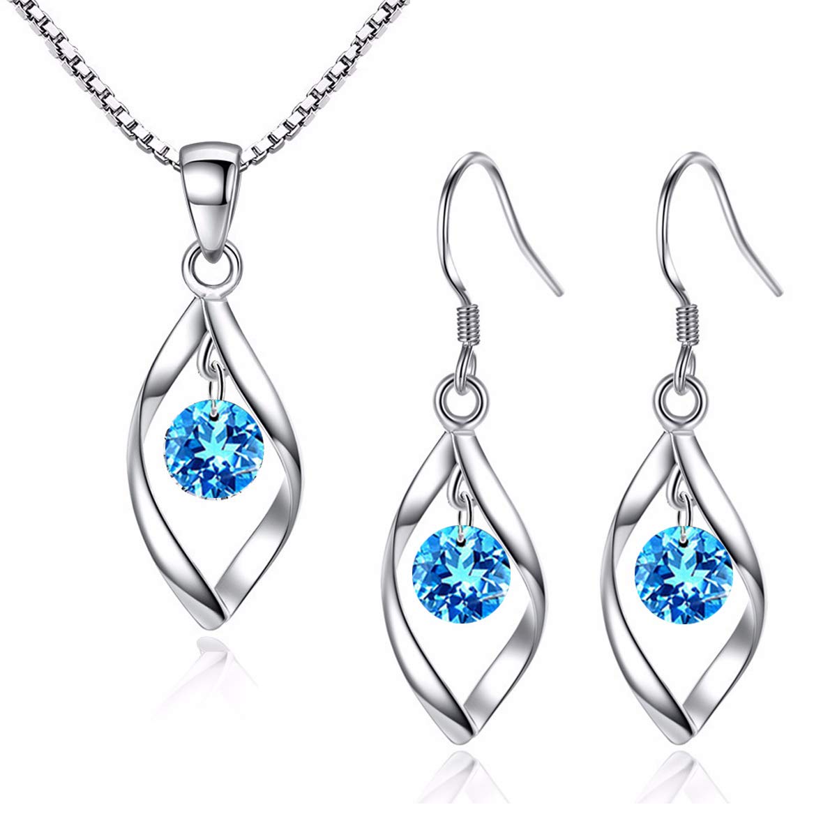 Zolkamery Silver Jewellery Set for Women, 925 Sterling Silver Women's Jewellery Sets with Blue Zirconia, Fashion Twist Pendant Necklace & Hook Dangle Earrings Set, Gift for Wife on Valentine’s Day