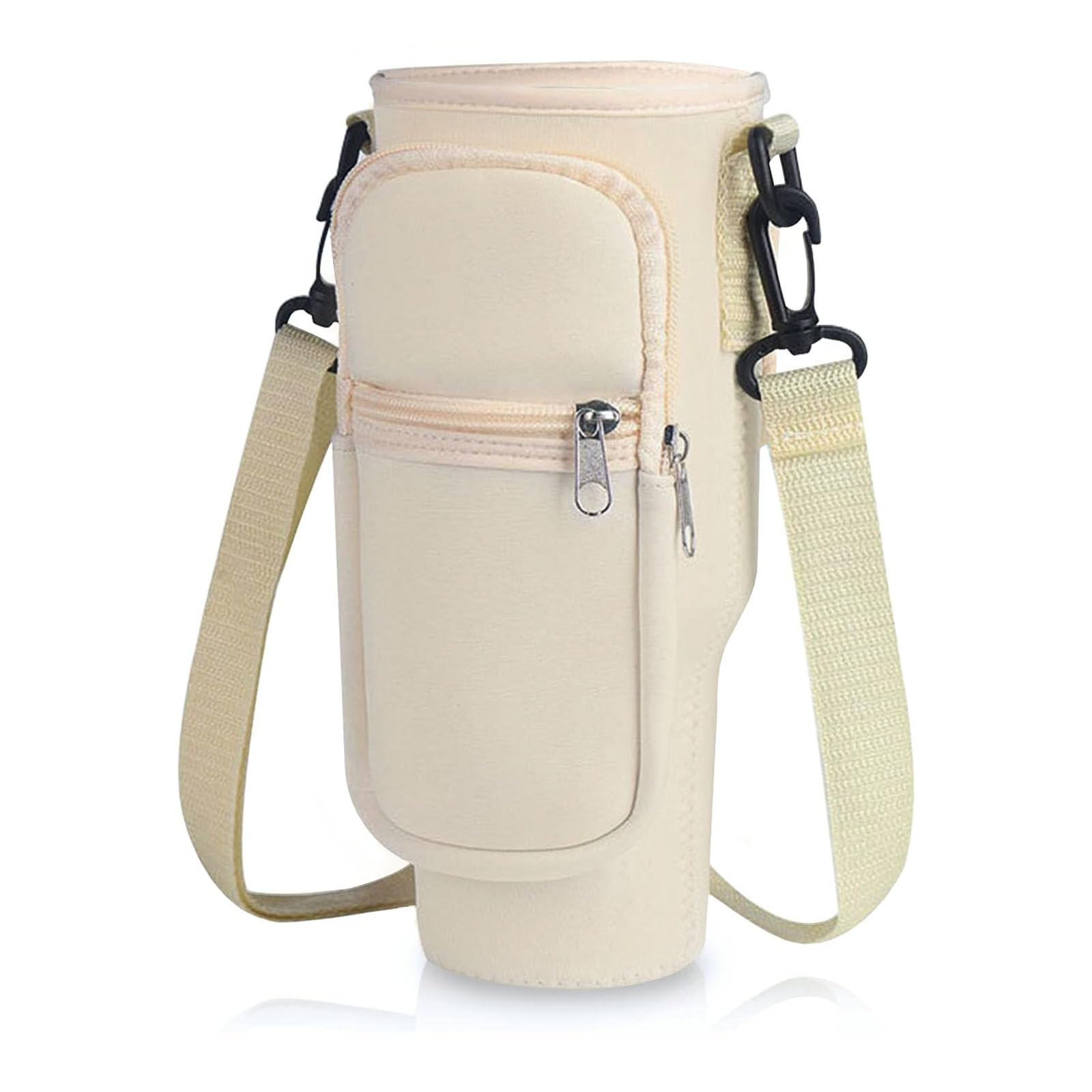 GWAWG Water Bottle Carrier Bag,Water Bottle Sling Fit Stanley Tumbler 400z Bottle Pouch Holder with Reusable Silicone Straw Cover for Travel, Camping, Mountaineering (Beige)