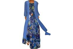 WKISHENL Womens Two Piece Set Floral Print Long Dresses with Cardigan Chiffon Sleeveless Flowy Maxi Dress Wedding Guest Dress