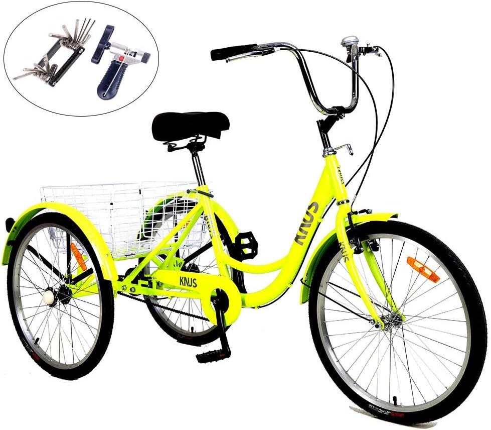 Knus Adult Tricycle Trikes,7/1 Speed 3-Wheel Bikes,24/26 Inch Wheels Cruiser Bicycles with Large Shopping Basket for Women and Men Recreation, Exercise