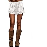 Lace Trim Satin Shorts for Women Silky Elastic Waist Mini Shorts Casual Lounge French Knickers Slip Boxer Pj Bottoms