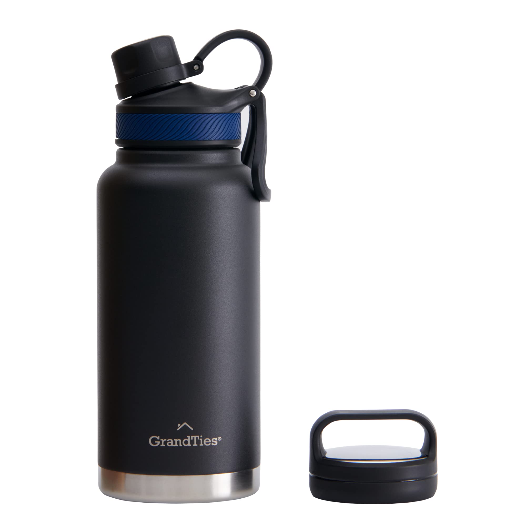 GRANDTIES 2 Lids Sports Stainless Steel Water Bottles – Wide Mouth Vacuum Insulated Reusable Leak Proof BPA-Free Travel Metal Canteen, Thermal Bottles for Men Women Gym (Midnight Black 32 oz)