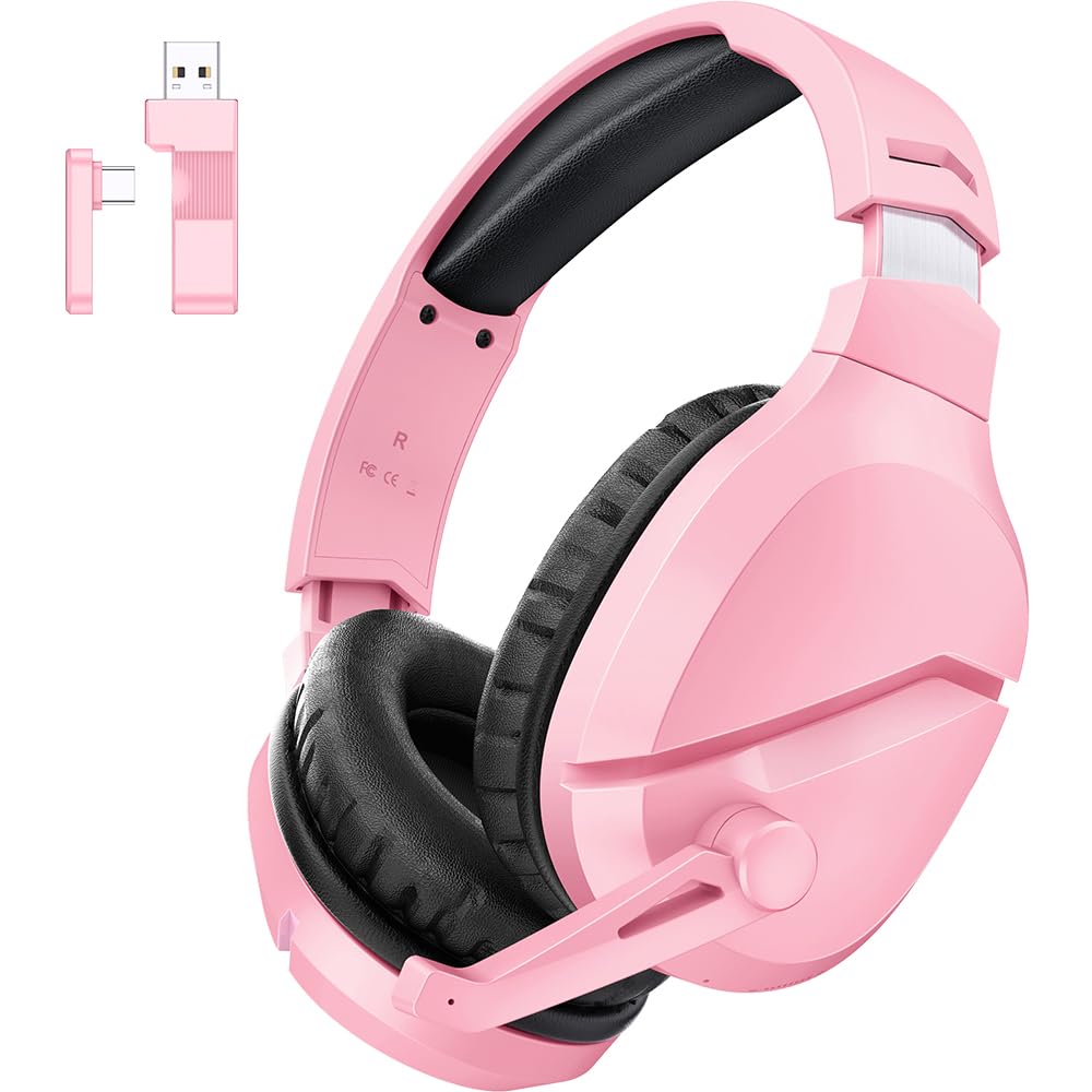 WolfLawS Wireless Gaming Headset with Noise Canceling Microphone for PS5, PC, PS4, 2.4G/Bluetooth Gaming Headphones with USB and Type-c Connector, Wired Mode for Controller - Pink