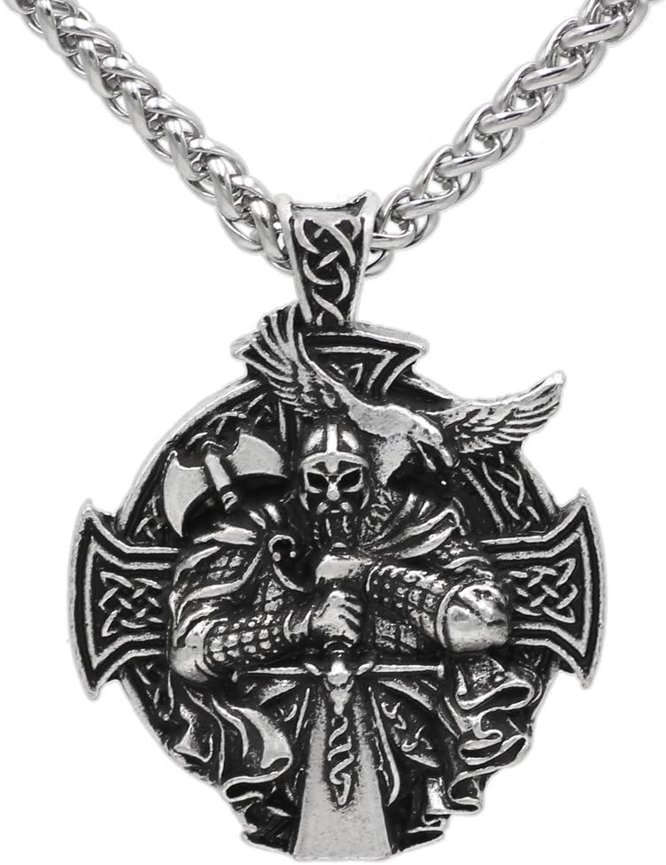 Men Norse Viking Odin Sword Raven Rune Pendant Necklace
