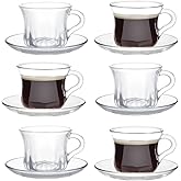 GURUDAR Glass Tea Cups and Saucers Set of 6, Clear Coffee Mugs with Stainless Steel Spoon, Dishwasher & Microwave Safe Teacups for Espresso Cappuccino Latte Tea Juice, 6OZ/180ML
