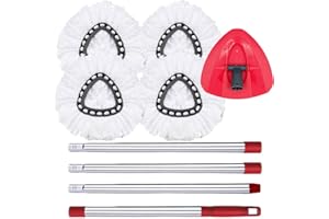 ANREKEYH Spin Mop Replace Head, Base, Handle Compatible with O Cedar EasyWring Microfiber Spin Mop, 4 Mop Refills Replacement Heads, 30-58in Mop Handle and 1 Mop Base Combo Set (White (1-Tank System))