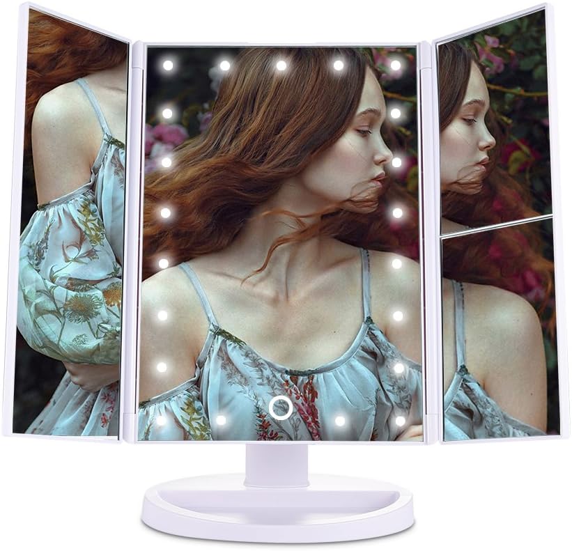 Pretty See Tri-Fold LED Lighted Makeup Mirror Touch Screen, 21 LED Lights, 1X/2X/3X Magnifying Vanity Mirrors