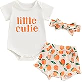 BSaogr Newborn Baby Girl Shorts Set Little Cutie Outfits Strawberry/Orange Short Sleeve Romper Frill Trim Shorts Headband