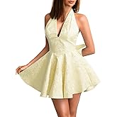 ShawGobow Jacquard Corset Dress,Deep V Halter Mini Dresses with Bow Back,Sexy Birthday Outfits Women Homecoming Prom Formal