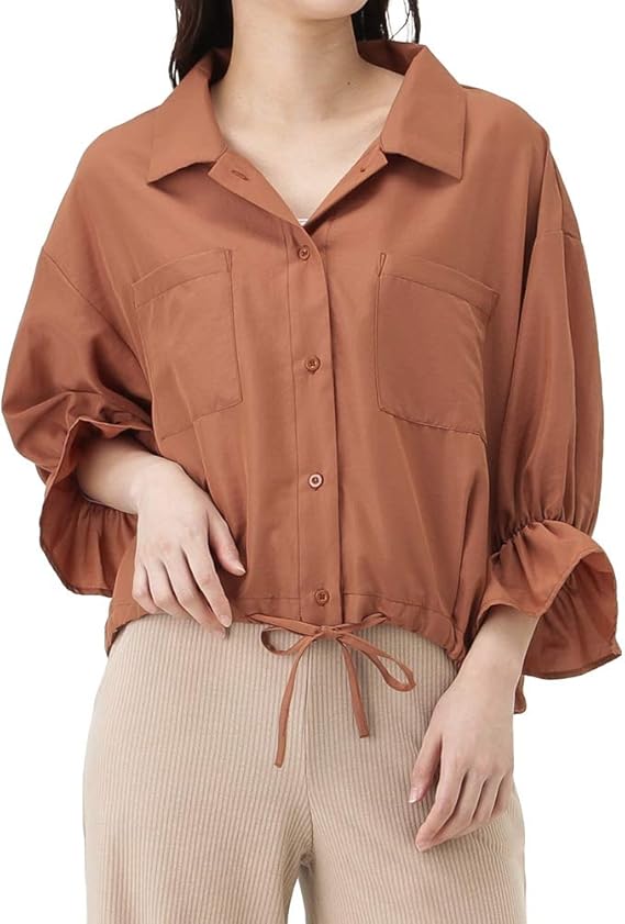 Amazon 七分袖シャツ レディース シャツ ブラウス カットソー サテンオープンカラーシャツ 前開き 無地 春 夏 Howdy Marie ハウディーマリー Gl ブラウン F シャツ ブラウス 通販