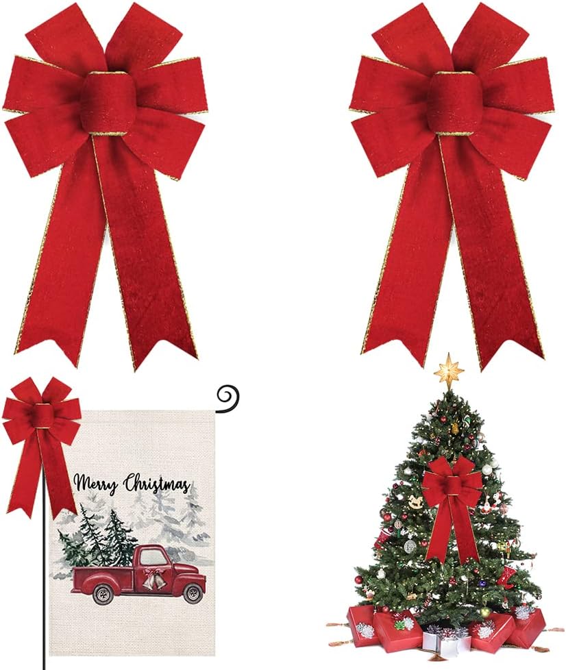 Bows & Ribbons - Hying 2PCS Christmas Bows for Wreath, Red Velvet Wreath Bows for Xmas Décor Gold Edge Winter Red Bows for Front Door Indoor Outdoor Wall Tree Topper Decoration Supplies Christmas Ornament