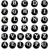 PH PandaHall 32pcs Alphabet Letter Beads, 8x5mm A-Z Bead Black Flat Round Craft Beads with Golden Enamel Glass Alphabet Loose Spacer Bead for DIY Earrings Bracelets Necklaces Jewelry Crafts Making
