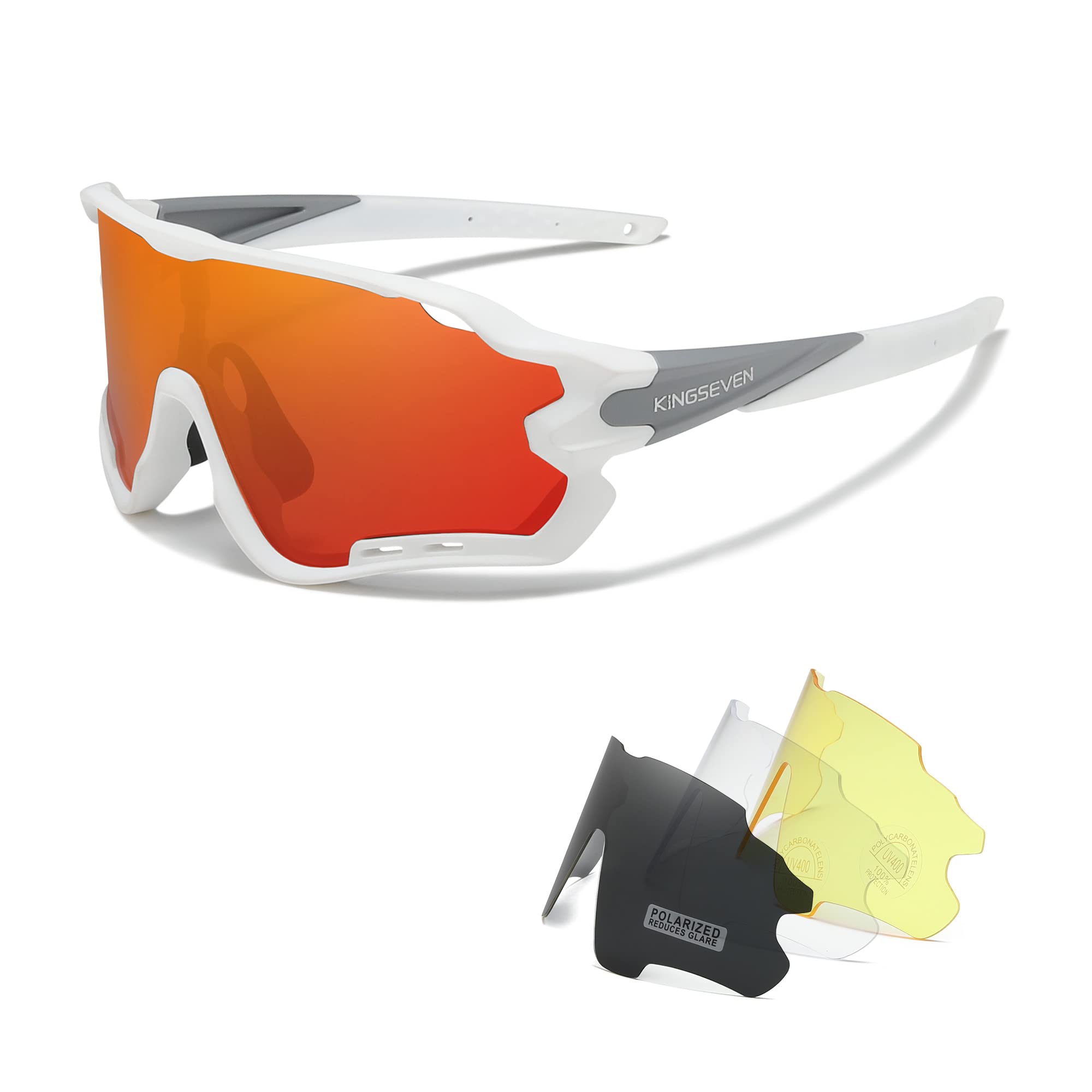 KINGSEVEN Polarized Cycling Glasses for Men Women Bicycle Sports MTB Road Bike Sunglasses with 4 Interchangeable Lenses LS-911 (White/Orange)