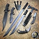10 Pieces Black Tactical Knife Set Includes Axe, Karambit, Huntsmen Bowie, Spring Assisted Knife, 3 Piece Throwing Knife Set, Twin Ninja Swords, Hunter Bowie