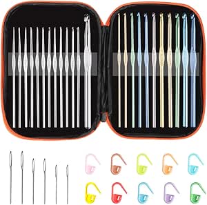 Multi-Color Metallic Crochet Hooks Set, Tomorotec Art Aluminum Knitting Needles for Yarn Craft Set with Sylish Storage Bag, Stitch Markers and Big Eye Needles