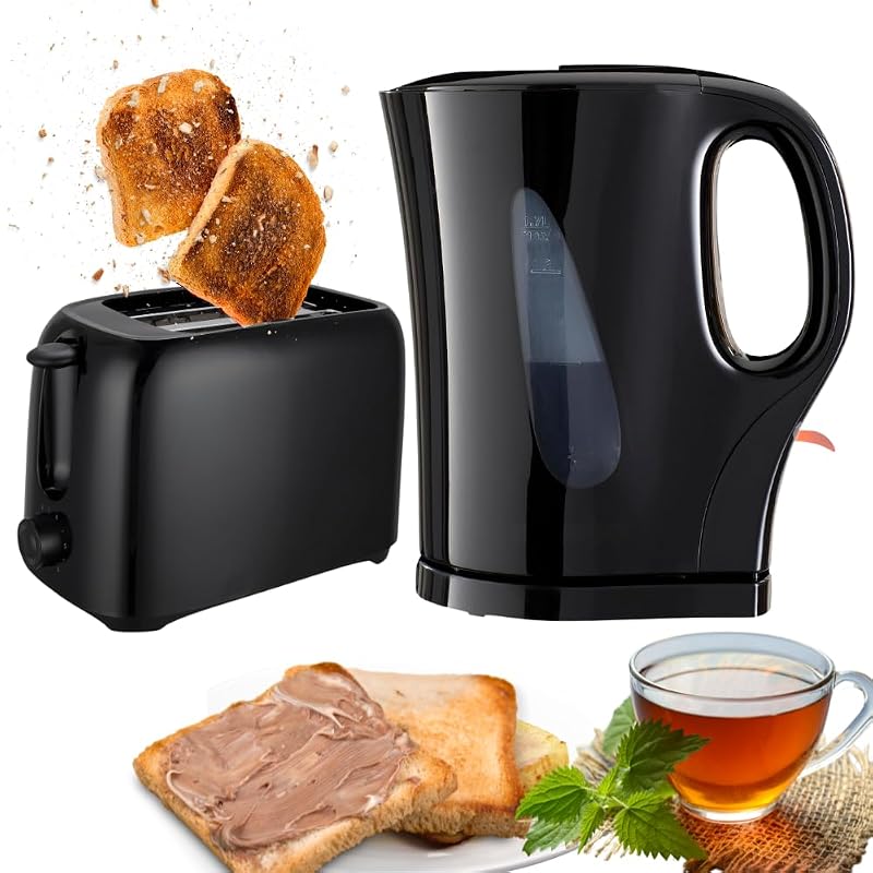 Trendi Electric Kettle & 2 Slice Toaster Kitchen Combo Set 2200W 1.7L Black