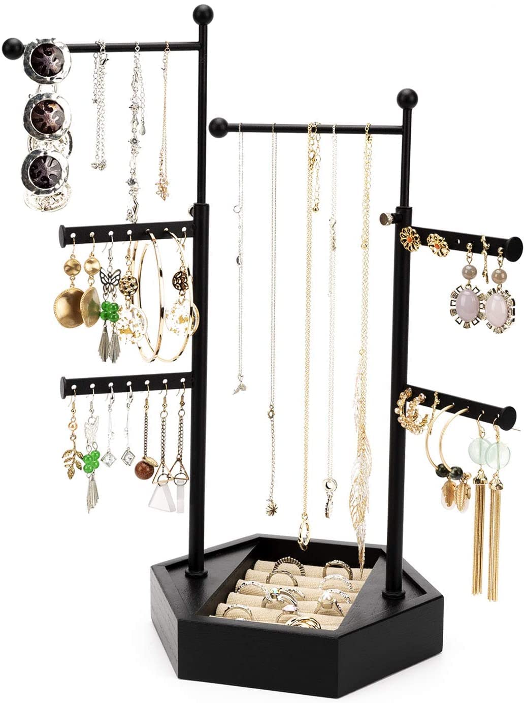 Emfogoo Jewellery Organiser, 6 Tier Jewellery Stand Holder for Necklace Earring Ring Bracelet Display with Adjustable Height Necklace Stand (Black)