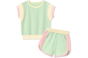 SANMIO Toddler Girl Clothes Summer 2-7Y Girls Sweatsuit Outfits Color Block Short Sleeve Shorts 2 Piece Toddler Clothing Set