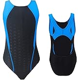 Kids Girls Athletic Swimsuit One Piece Solid Swimwear for Practice and Competition in Black and Navy Bathing Suit