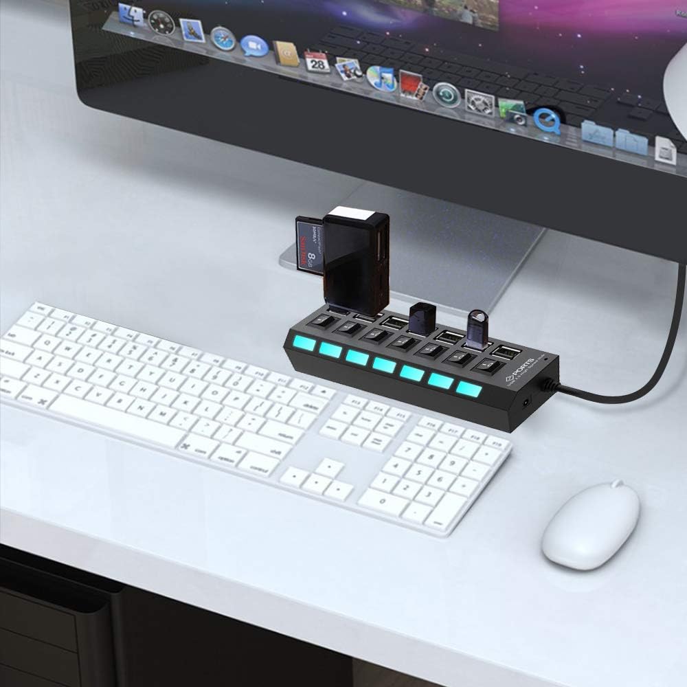 7-Ports USB 2.0 Hub High Speed ON/Off Individual Switch with LEDs Power Switches USB Hub: Computers & Accessories