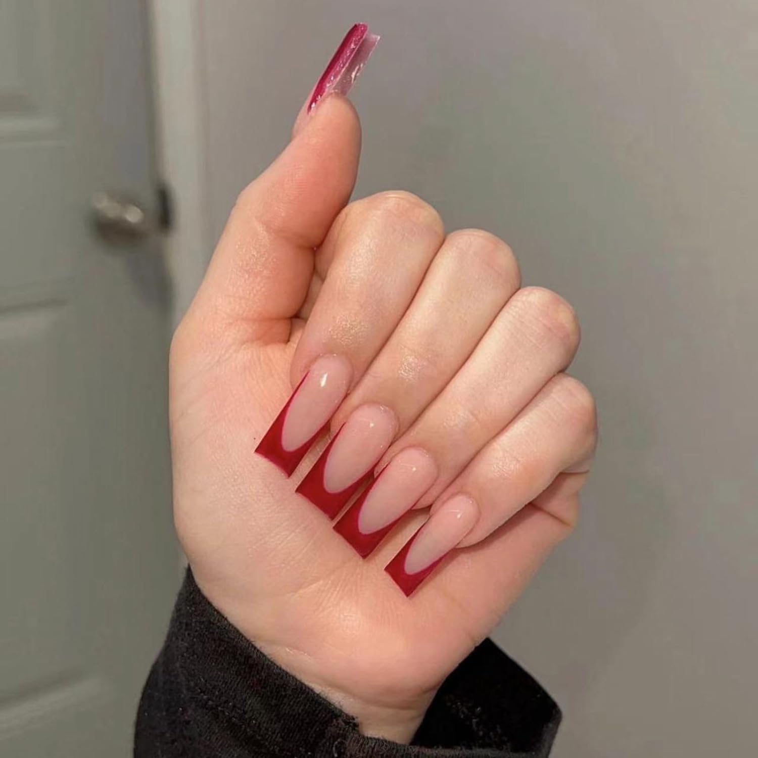 Photo 1 of 24Pcs Red French Tip Press on Nails Long Coffin Fake Nails Reusable False Nails Kit Acrylic Coffin Nails Press ons Artificial Glue on Nails Nude Full Cover Stick on Nails for Women Girls