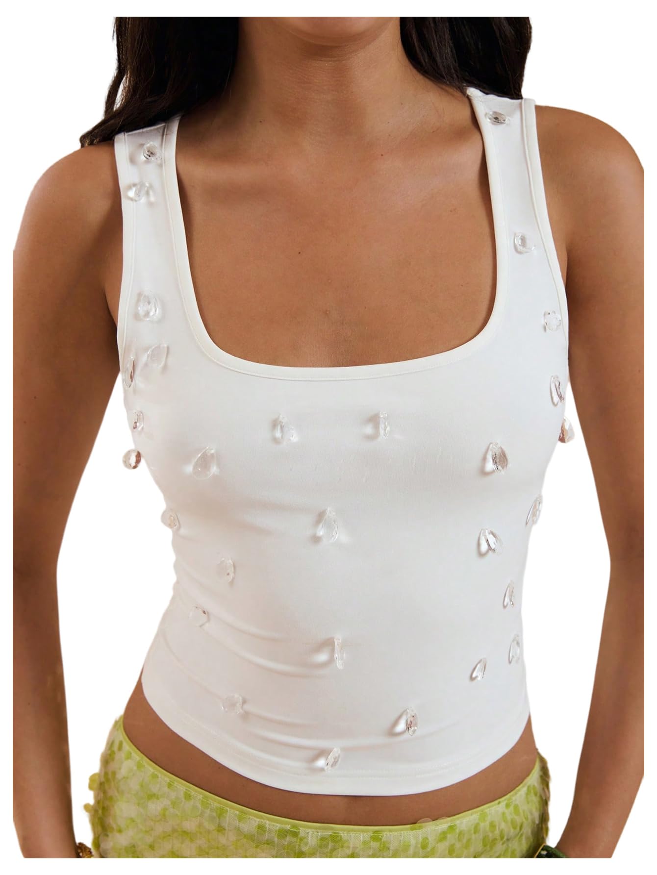 Photo 1 of Floerns Women's Rhinestone Tank Top Sleeveless Square Neck Ribbed Y2k Party Camisole White Rhinestone Small