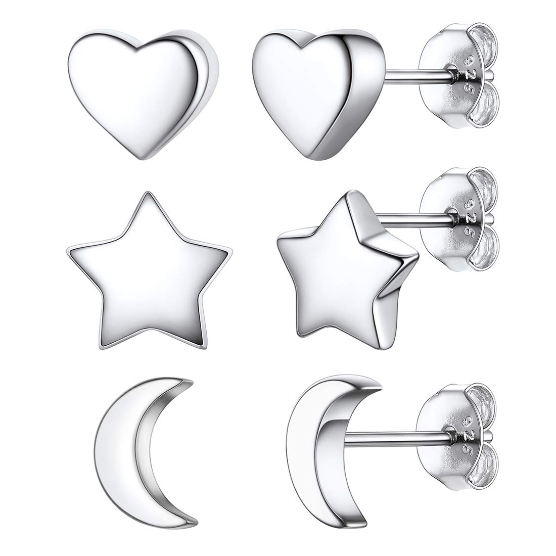 ChicSilver 925 Sterling Silver Heart/Star/Moon Stud Earrings for Women 3 Pairs Tiny Studs Earring Set