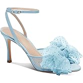 Coutgo Womens Bow Tie Heels Sandals Slingback Peep Toe Wedding Heels Mesh High Stiletto Heel Summer Cute Wedding Bridal Shoes