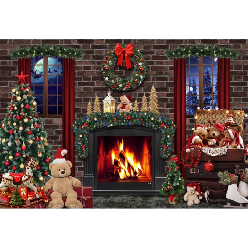 Christmas Backdrop 10x6.5ft Christmas Fireplace Photography Background Christmas Tree Xmas Gift Box Background Happy New Year Party Decoration Banner