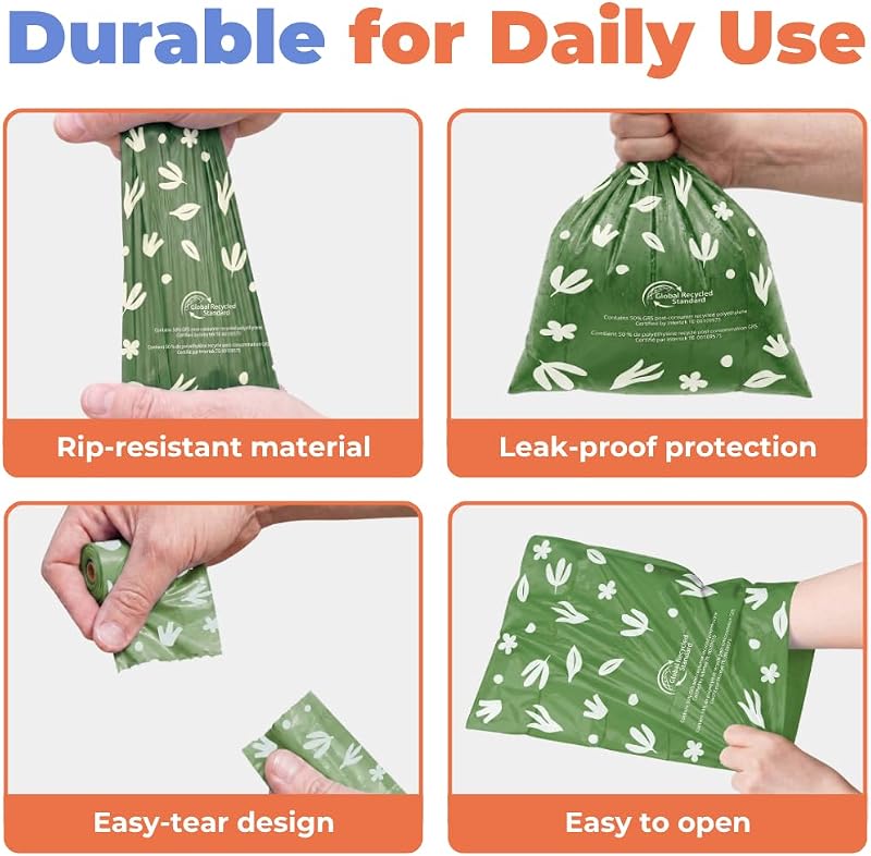 Sacos para cocó de cão, 50% de conteúdo reciclado pós-consumo, sacos de lixo para cães em rolos, cabe para todos os suportes de sacos para fezes